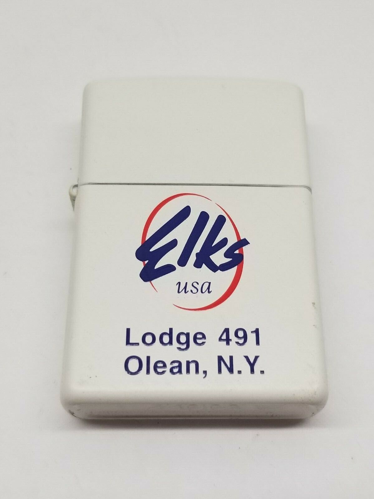 1999 Elks Lodge #491 Olean NY Zippo Lighter White Matte, sticker intact. Made in Bradford Pa