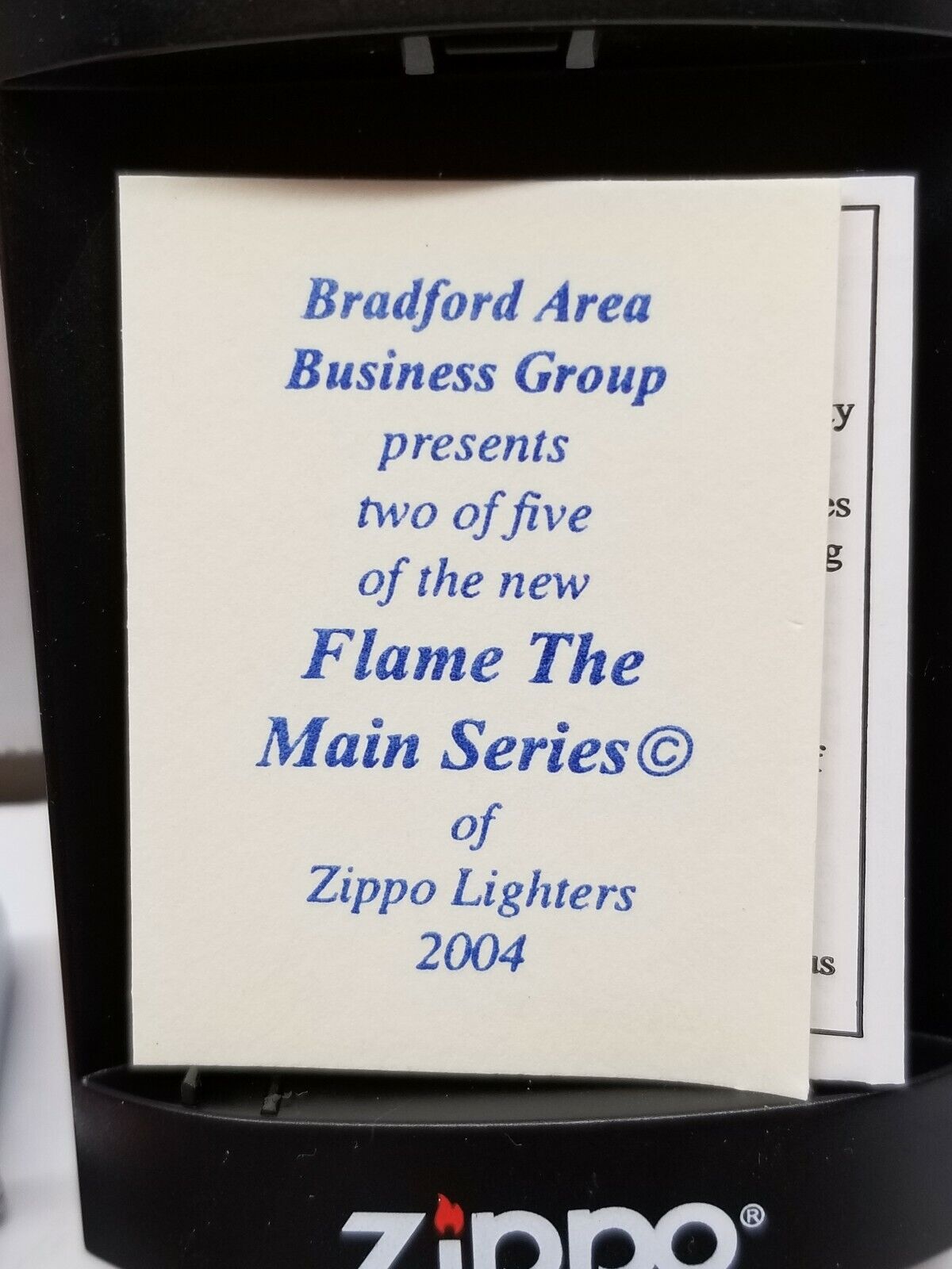 Flame The Main Zippo lighter 2004 mib with paperwork and sticker. #109/500